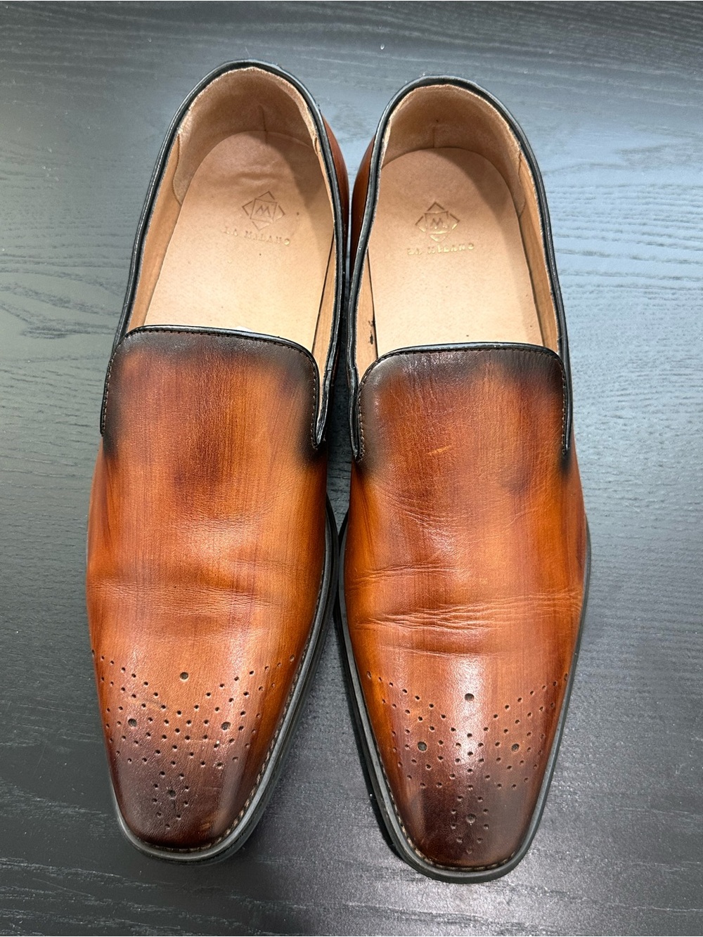 EA Milano Tracy Men’s Leather Loafers Sz 11.5 Tan Burnished Slip-On Dress Shoes